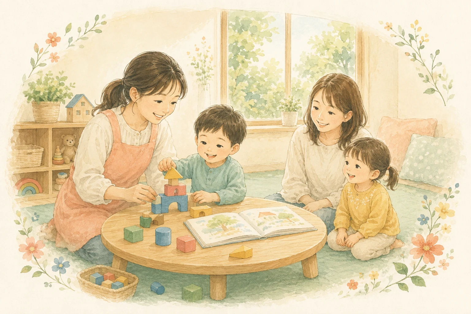 やさしい先生と子どもたちが、絵本や積み木を楽しむ様子を描いたイラスト